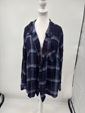 Terra & Sky Navy Plaid Button-Down Shirt with Red Stripes